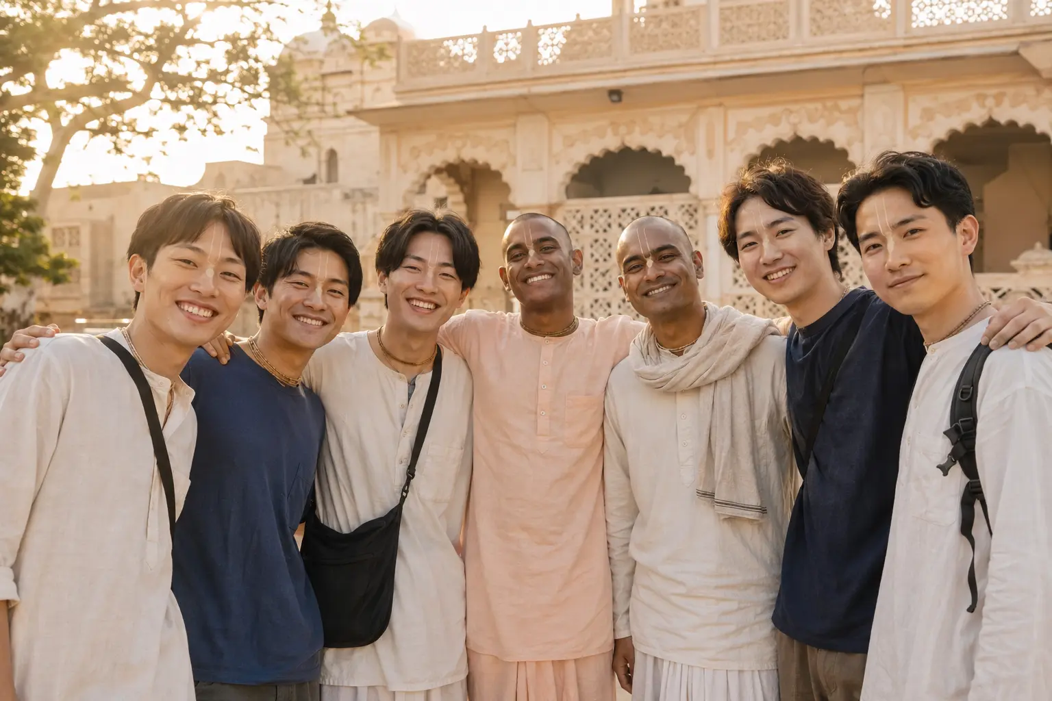 ヴリンダーヴァンで交流する日本とインドの若い男性参加者たち