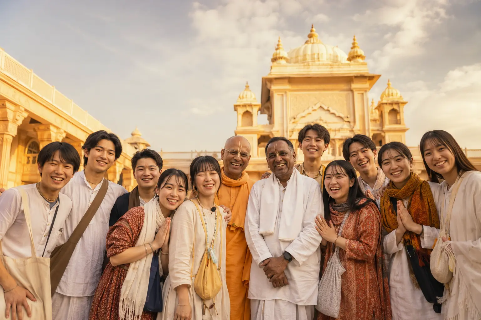 ヴリンダーヴァンで交流する日本とインドの若い男性参加者たち